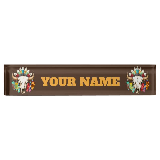 Placa De Nombre Emblema Nativo Americano de Cráneo de Búfalo (Anverso)