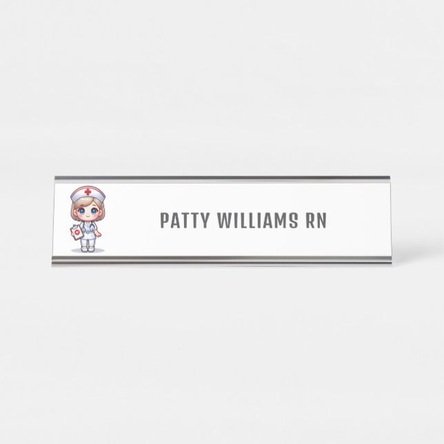 Placa De Nombre Enfermera de manga con pelo rubio personalizada (Anverso)