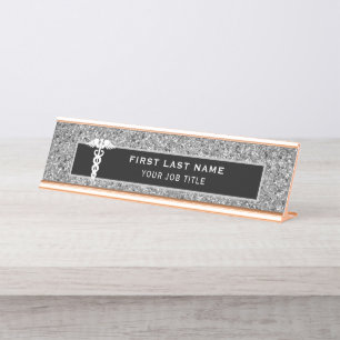 Placa De Nombre Enfermera Médica Caduceus Purpurina de Plata Negra