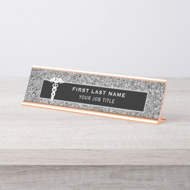 Placa De Nombre Enfermera Médica Caduceus Purpurina de Plata Negra (Anverso)