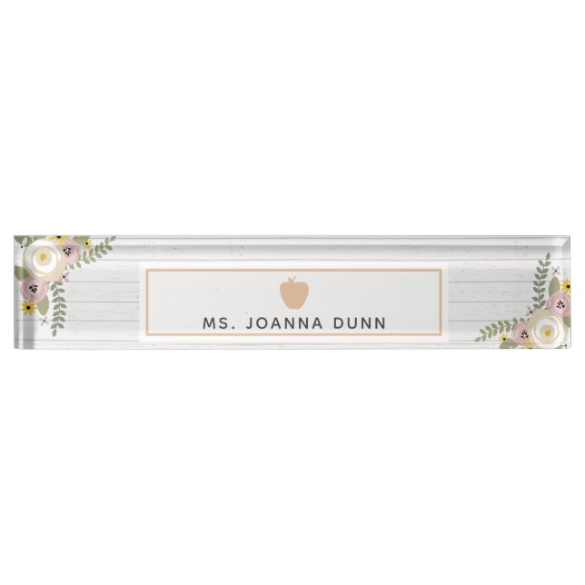 Placa De Nombre Enseñador de Apple rosa de madera gris con flores  (Anverso)