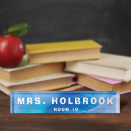 Placa De Nombre Escritorio de profesores de acuarela azul inspirad