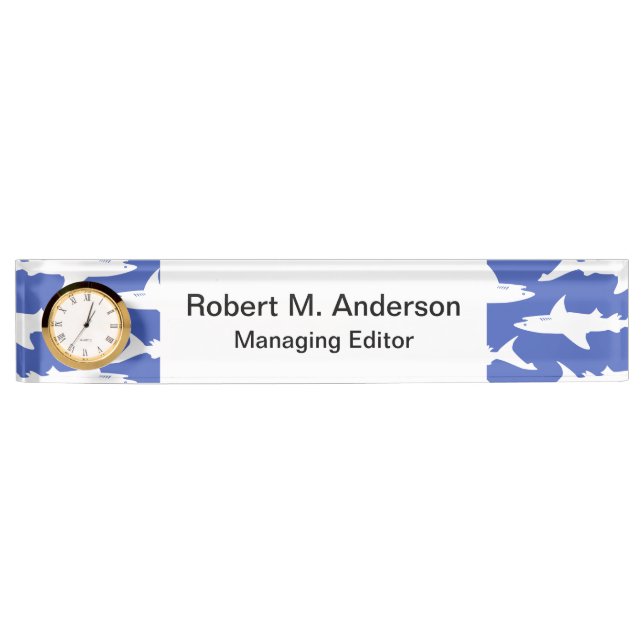 Placa De Nombre Escuela de los tiburones azul y blanco divertidos (Anverso)