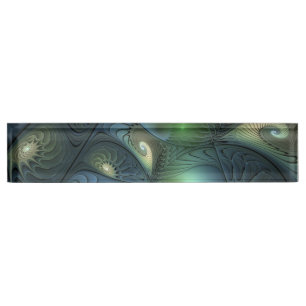 Placa De Nombre Espirales Beige Verde Turquesa Resumen Arte Fracta