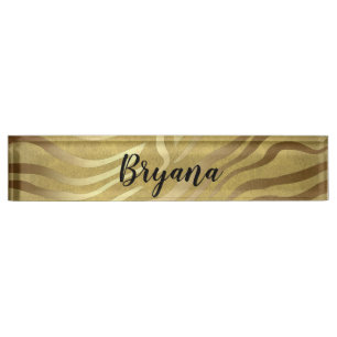 Placa De Nombre Estampado de cebra de bronce dorado Safari de la j