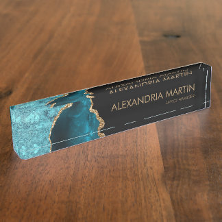 Placa De Nombre Estilo moderno brillo dorado negro azul verdoso