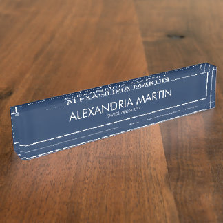 Placa De Nombre Estiloso Moderno Azul Marino Blanco Gerente de Ofi