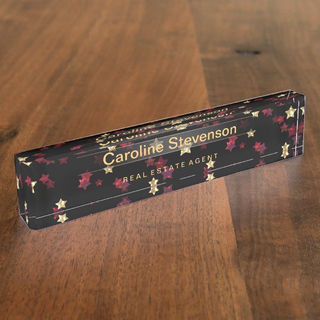 Placa De Nombre Estrellas negras purpurina dorado rojo confeti sta (Lateral)