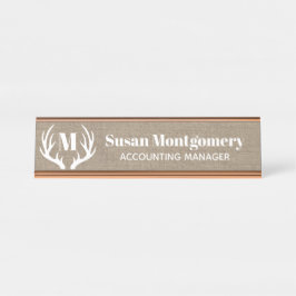 Placa De Nombre Falsa arpillera de las astas blancas rústicas de