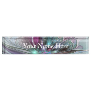Placa De Nombre Fantasía abstracta floral fractal colorida título