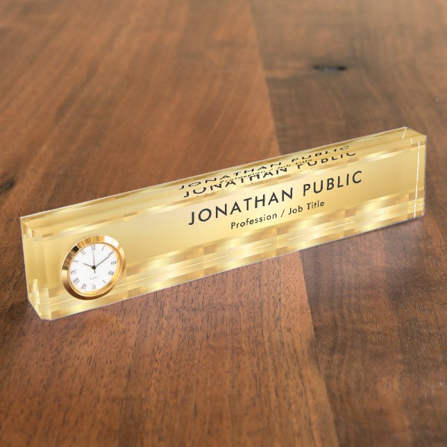 Placa De Nombre Faux Gold Elegant Moderno Plantilla Con Reloj (Lateral)