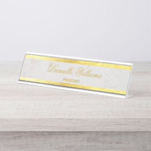 Placa De Nombre Faux Gold Marble Elegante caligrafía Golden White