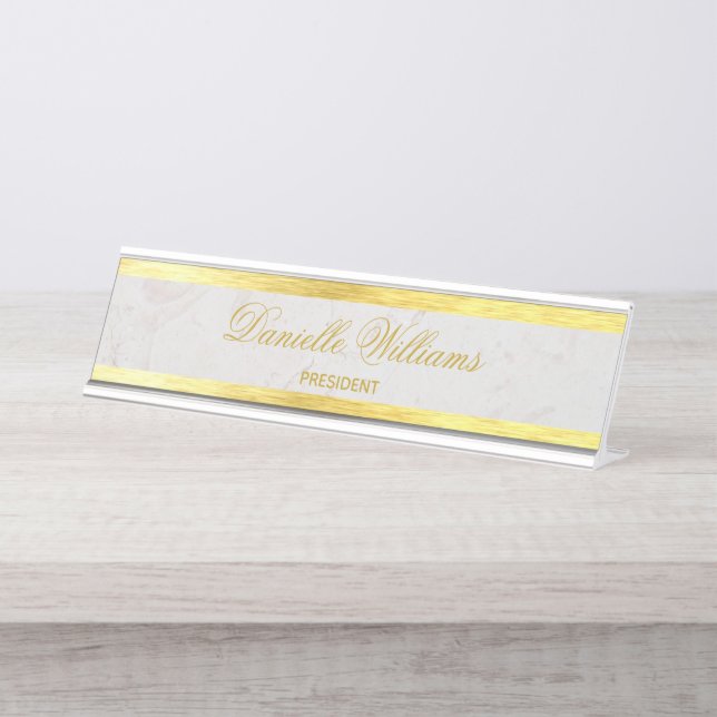 Placa De Nombre Faux Gold Marble Elegante caligrafía Golden White (Anverso)