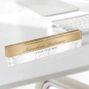 Placa De Nombre Faux Gold White Gray Marble Elegante Script