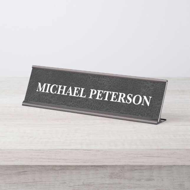 Placa De Nombre Faux Worn Black Leather Personalizado (Anverso)