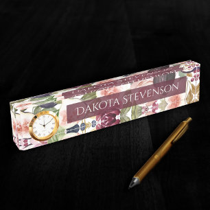 Placa De Nombre Fibras en Blogueo Elegante acuarela Floral y nom