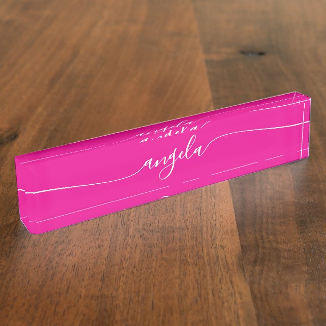 Placa De Nombre Firma de brillo blanco y rosado caliente (Lateral)
