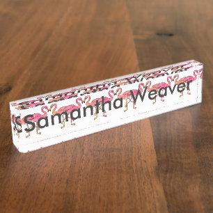 Placa De Nombre Flamencos rosados lindos de la acuarela en blanco