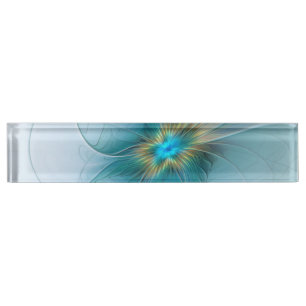 Placa De Nombre Flor de Arte Fractal de Oro Azul Pequeña Belleza