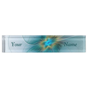 Placa De Nombre Flor de Arte Fractal de Oro Azul Pequeña Belleza