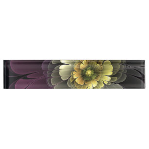 Placa De Nombre Flor Fractal Gris Purpura Moderna Abstracta