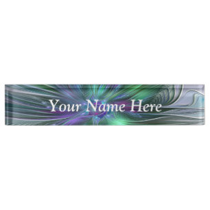 Placa De Nombre Flor verde púrpura Moderna Resumen Texto fractal