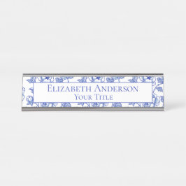 Placa de nombre floral azul y blanco