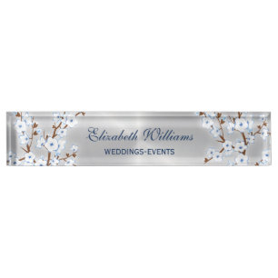 Placa De Nombre Floral Cerezo Blossom Plata Azul Blanco