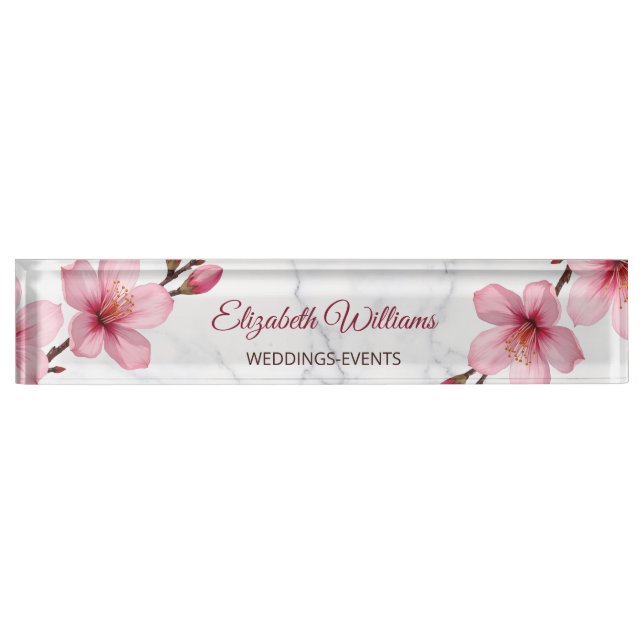 Placa De Nombre Floral Cherry Blossoms Pink Gray Marble (Anverso)