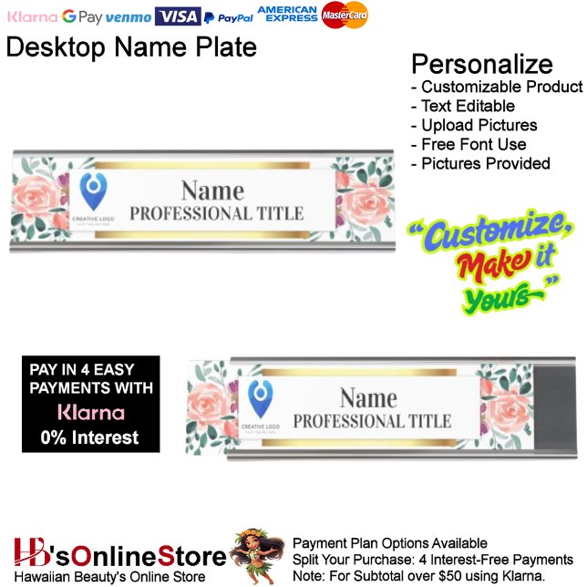 Placa de nombre floral de personalizable con logot (Customizable Floral Name Plate with Logo & Slogan 6.)