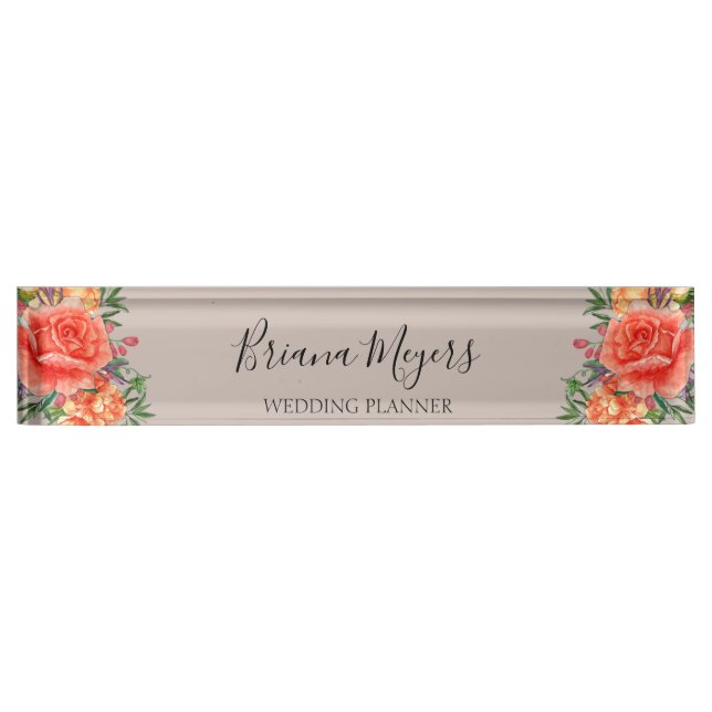 Placa De Nombre Floral Modern Taupe Business (Anverso)