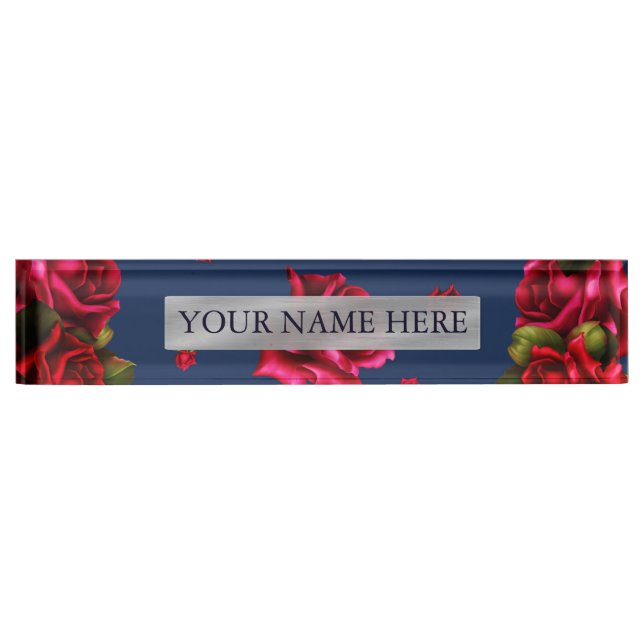 Placa de nombre floral personalizada de rosas azul (Anverso)