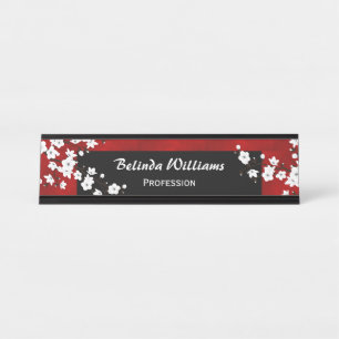 Placa De Nombre Floral Red Black White Cherry Blossom