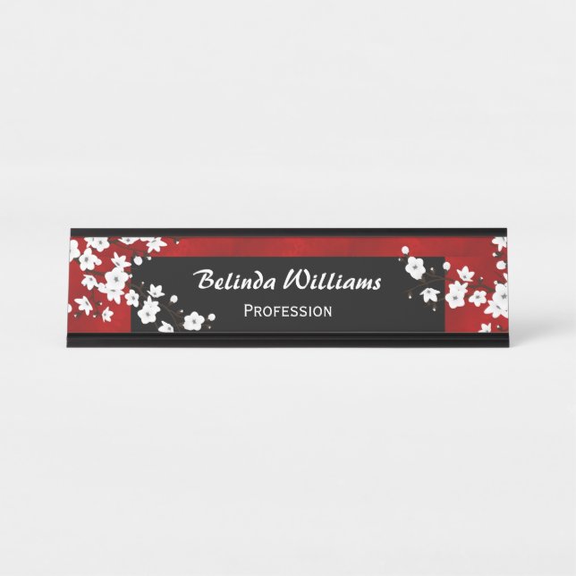 Placa De Nombre Floral Red Black White Cherry Blossom (Anverso)