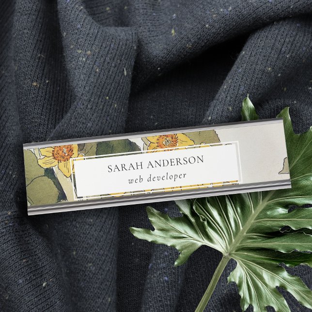 Placa De Nombre Floral retro elegante Rústico Amarillo Verde Daffo (Subido por el creador)