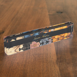 Placa De Nombre Floral rústica vintage elegante negro