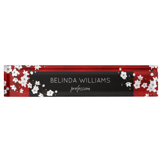 Placa De Nombre Floral White Cherry Blossom Red Black Salon (Anverso)