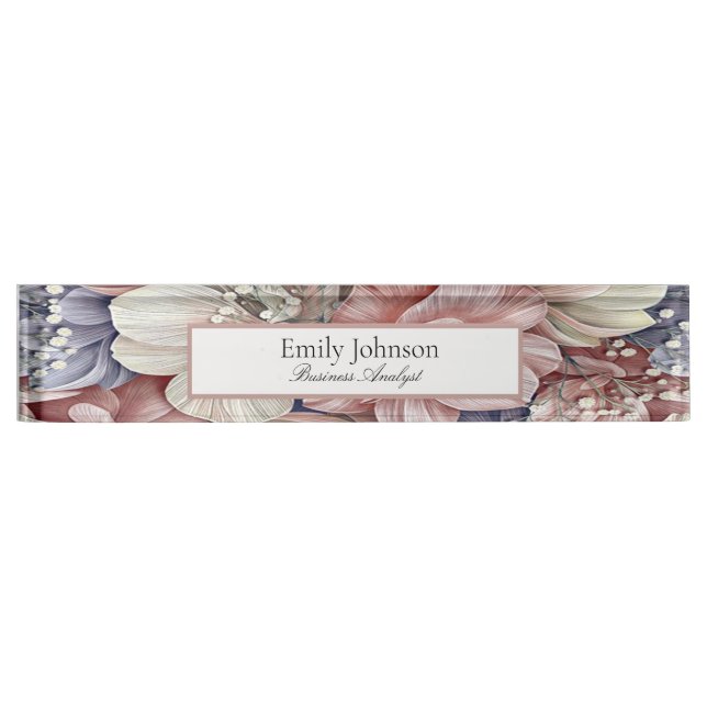 Placa De Nombre flores azul púrpura rosa hojas tema (Anverso)