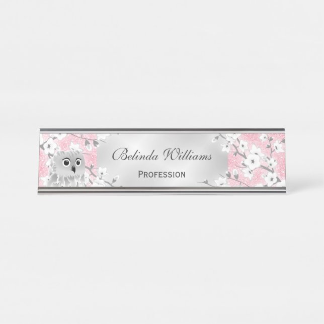 Placa De Nombre Flores de cerezo de búho rosado Purpurina plateado (Anverso)