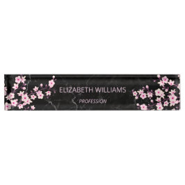 Placa De Nombre Flores de cerezo en flor Marble negro rosado