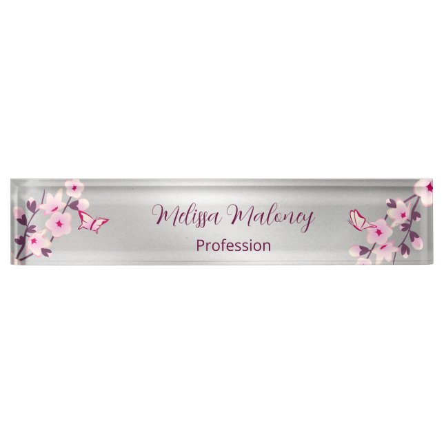 Placa De Nombre Flores De Cerezo Y Mariposas Plata Rosa (Anverso)