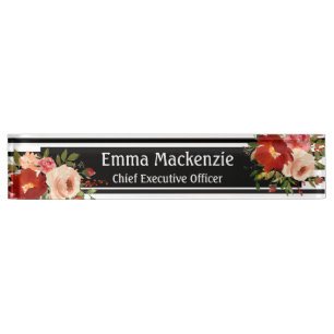 Placa De Nombre Flores Florales Negros y Blancos