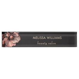 Placa De Nombre Flores Negras Brillantes Rosadas 