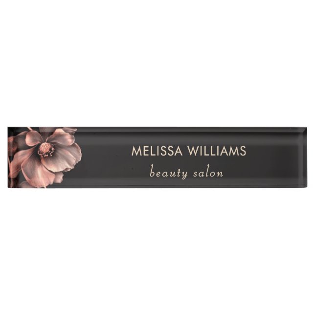 Placa De Nombre Flores Negras Brillantes Rosadas  (Anverso)