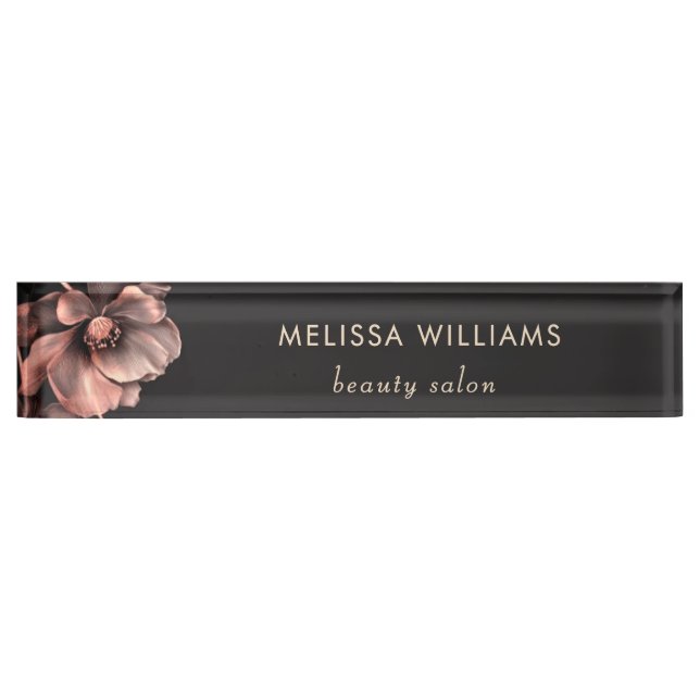 Placa De Nombre Flores Negras Brillantes Rosadas  (Anverso)