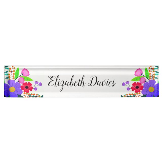 Placa De Nombre Flores púrpuras elegantes rojas rosadas (Anverso)