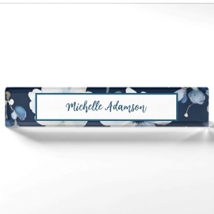 Placa De Nombre Flores Retro Elegante De Color Blanco Azul Llanto