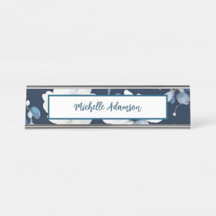 Placa De Nombre Flores Retro Elegante De Color Blanco Azul Llanto