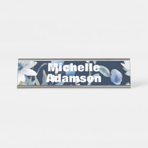 Placa De Nombre Flores Retro Elegante De Color Blanco Azul Llanto