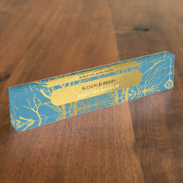 Placa De Nombre Fondo azul del patrón de ramas de árbol de oro